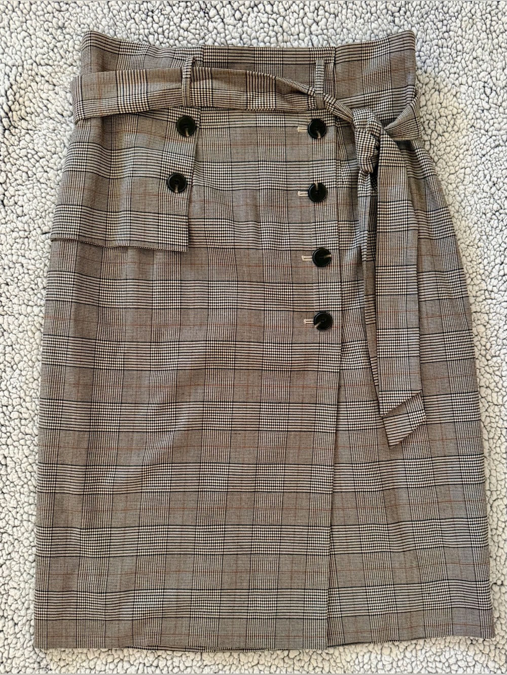 ANTONIO MELANI Tan and Black Plaid Wrap-Front Pencil Skirt with Tie